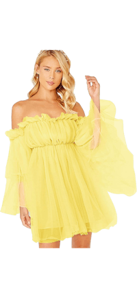 a blonde woman in a yellow off the shoulder dress