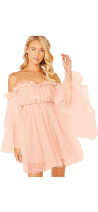 a woman in a pink off the shoulder dress