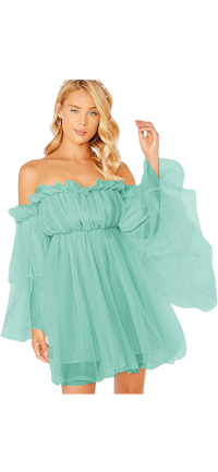 a woman in a mint green off the shoulder dress