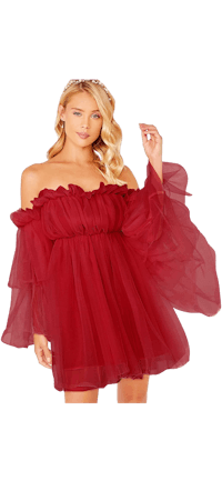 a woman in a burgundy off the shoulder dress